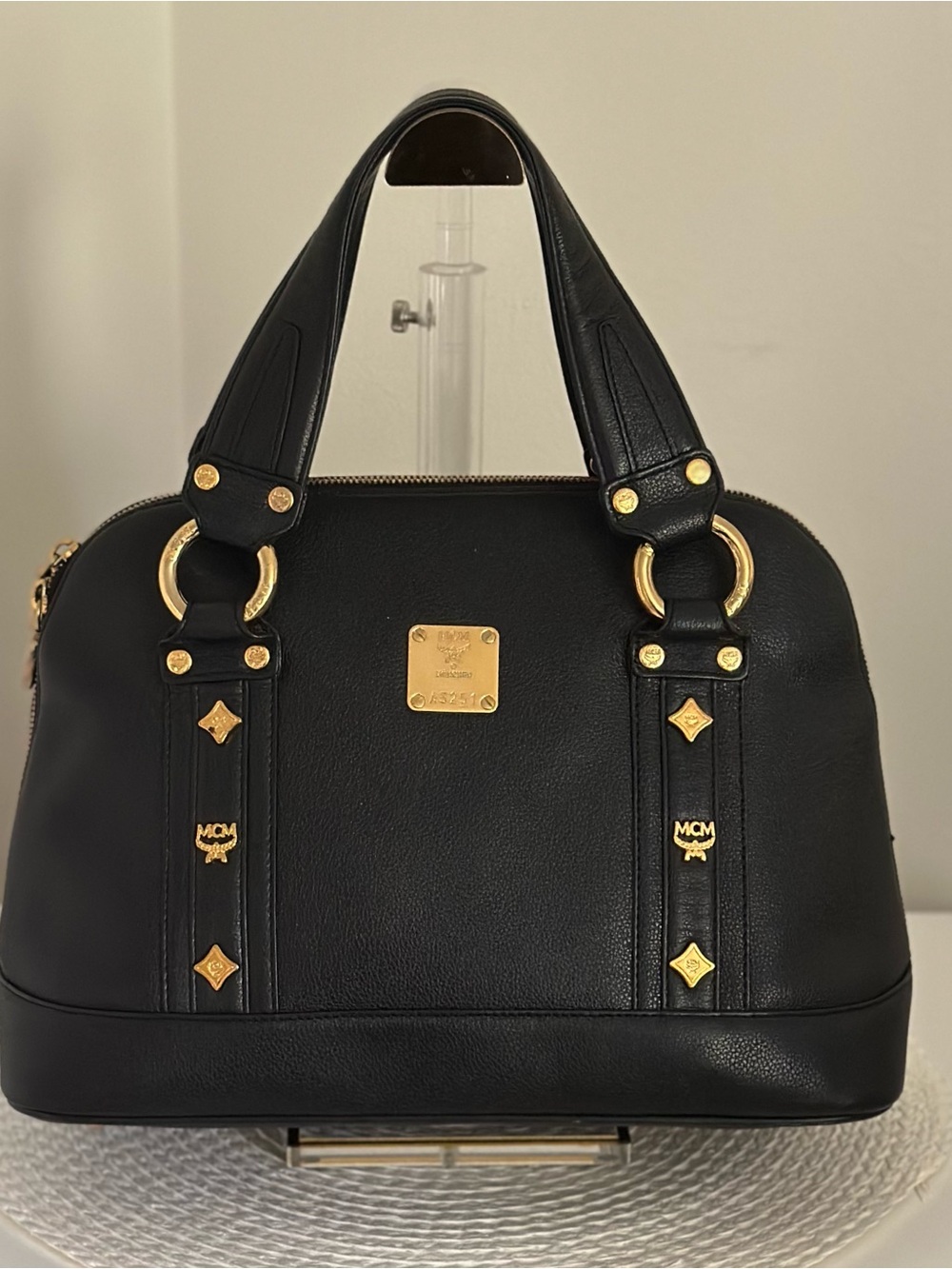 MCM Black Leather Alma Satchel with Gold Hardware Accents